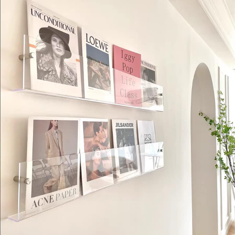 DuvinDD 2 Pack Acrylic Magazine Holder Rack Brochure Holder Wall Mount 24 inch Clear Hanging Magazine Rack Floating Bookshelf for Literature Pamphlet Organizer for Room Office, with Mounting Kit