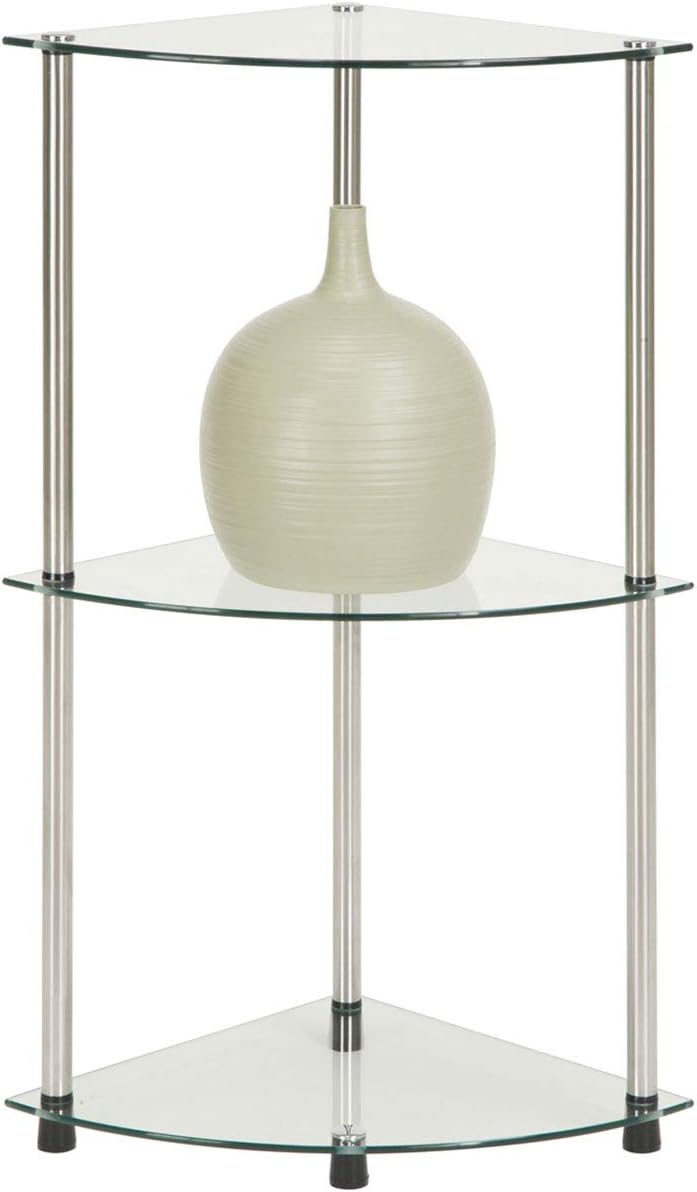 Convenience Concepts Designs2Go Classic Glass 3-Tier Corner Shelf 13.75" - Modern Media Bookshelf with Storage Shelves for Living Room, Display Storage Shelves for Family Room, Bathroom, Office, Glass/Chrome