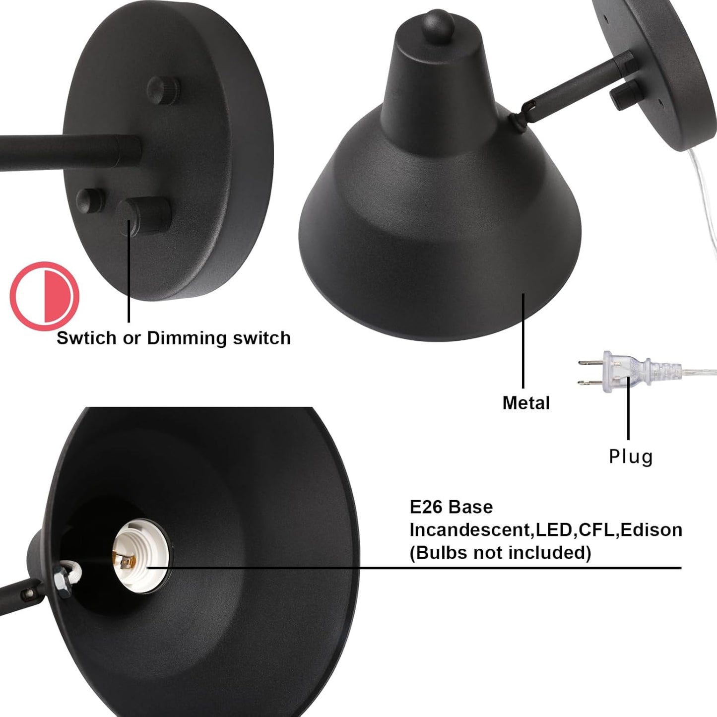 Yosoan Plug in Wall Sconce with Dimmer Switch, Brass Indoor Modern Adjustable Light Angle Wall Light Lamp with 6.89" Bowl Metal Shade Reading Lighting for Living Room Bedroom Painting Hallway(Black)
