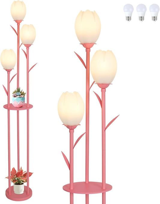 Pink Floor Lamp for Bedroom, 3-Light Flower Floor Lamp with Table, Corner Standing Lamps for Living Room, Tall Flower Lamp for Office, Girls Room, Unique Lighting Decor (Bulbs Included)
