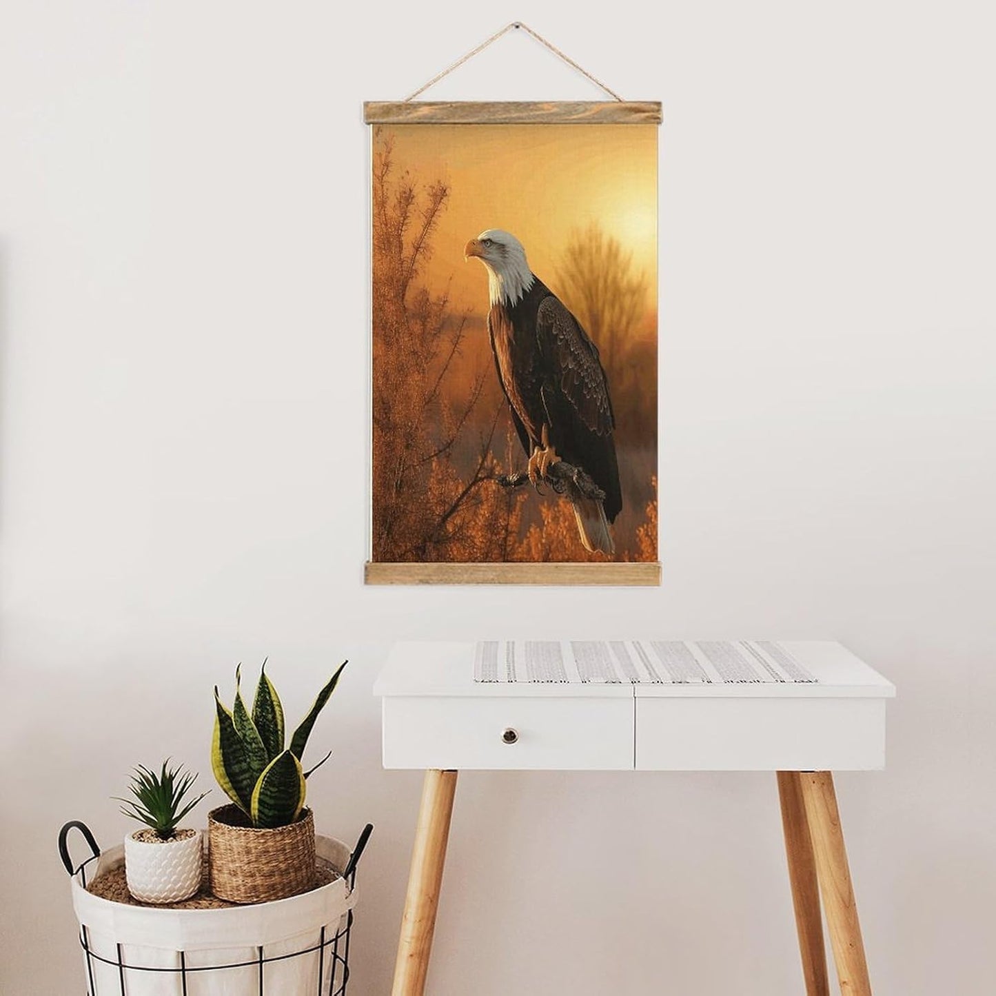 Vintage Golden Sunset Bald Eagle Poster with Wooden Frame Personalized Linen Hanging Scroll Painting Rustic Wall Hanging Illustrative Modern Artwork Decor for Home Living Room Bedroom Office