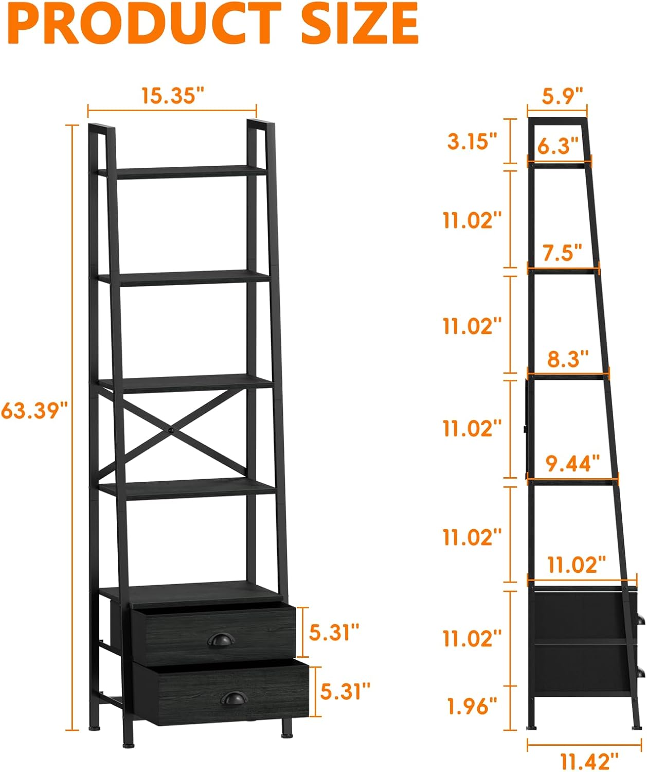 Furologee 5-Tier Ladder Shelf with 2 Drawers,Narrow Bookshelf Storage Shelves,Industrial Bookcase Freestanding Rack Units for Bedroom,Living Room,Bathroom,Home Office,Balcony,Wood Metal, Black Oak