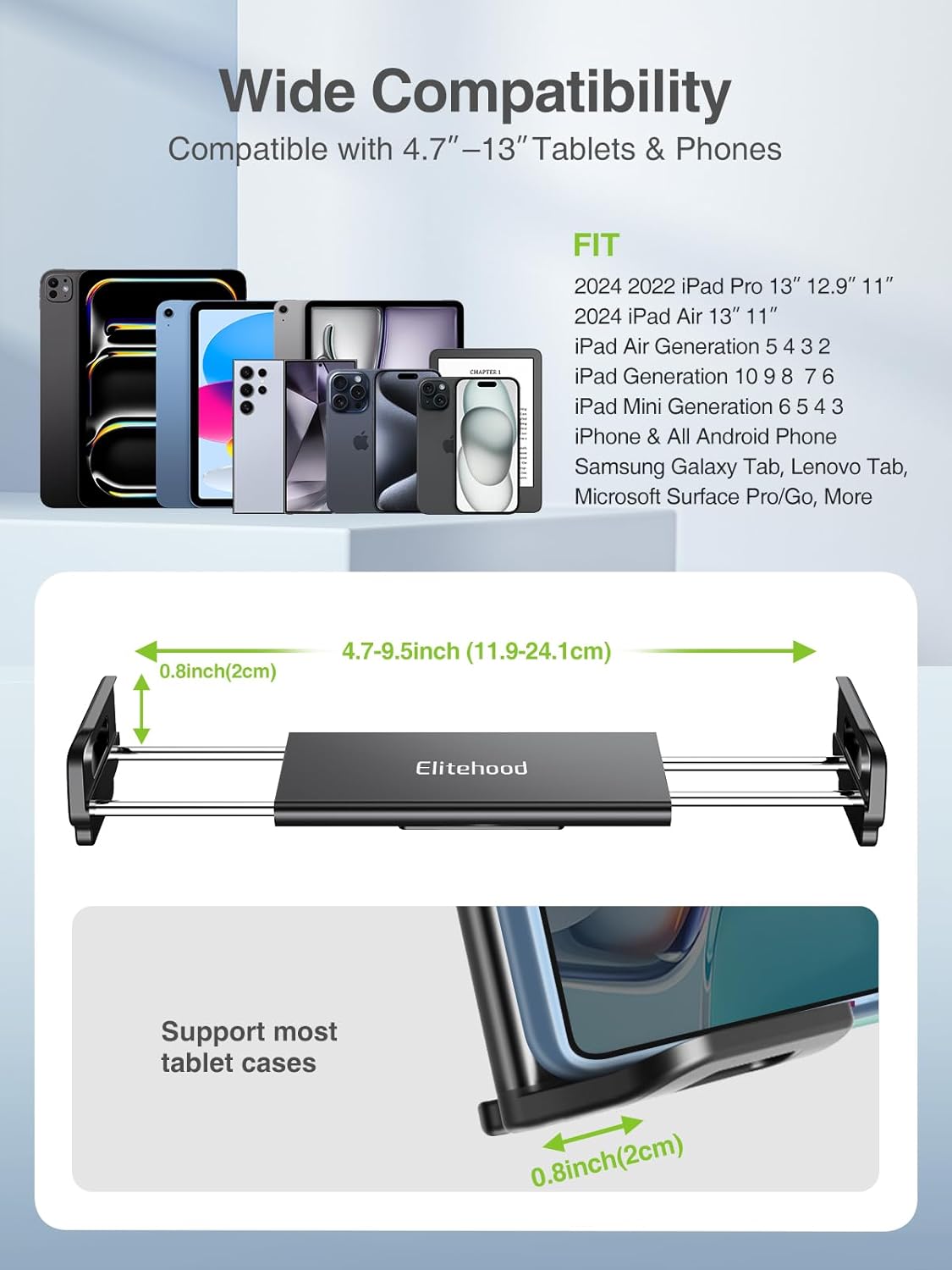 elitehood Aluminum iPad Stand Tripod, 65'' Adjustable Tablet Tripod Holder, 360 Degree Rotating iPad Holder Stand for Floor, Compatible with 4.7-13" Tablets and Phones