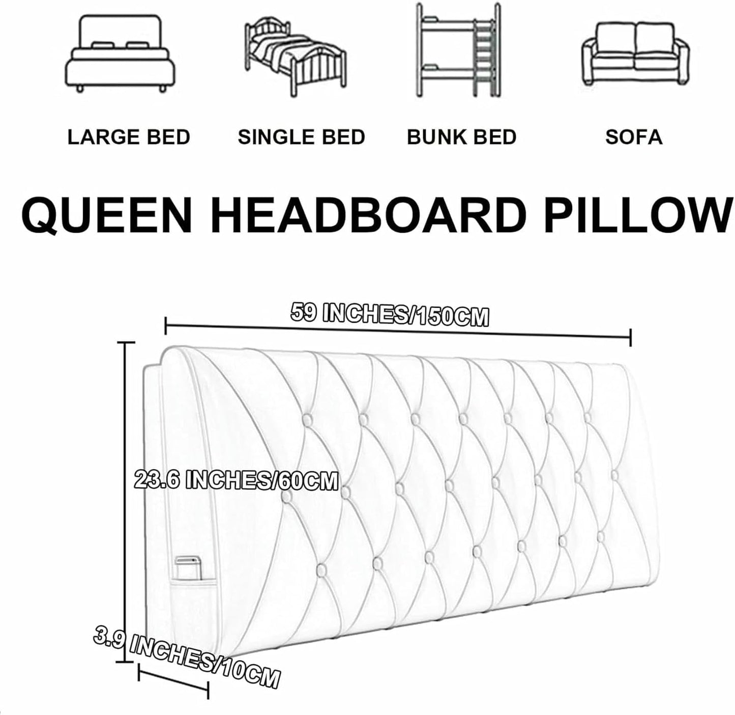 Bedside Cushion Large Bed Backrest Faux Leather Headboard Pillow Lumbar Support Upholstered Reading Pillow Removable Daybed Bunk Bed Bolster,Gray,Straps/59x23x2In