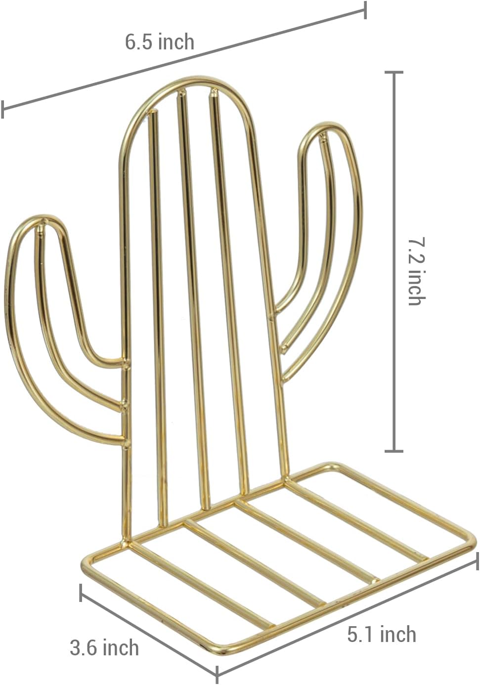 MyGift Modern Brass Tone Bookends, Southwest Desert Style Sagauro Shaped Decorative Book Ends Stands for Home Office Desk School Bookshelf, Metal Wire Cactus Design,1 Pair