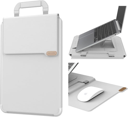 Nillkin Upgraded 15-16 Inch Laptop Sleeve Case for MacBook/Dell/HP/Lenovo/Asus, Unique Slim Travel Computer Bag with Adjustable Stand & Mouse Pad, Magnetic Handle, PU Leather, Gray