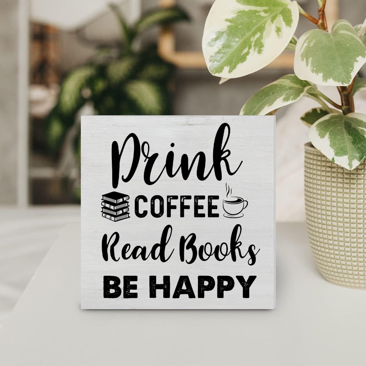 Drink Coffee Read Books Be Happy Wood Box Sign Decor Desk Sign Coffee Book Lover Wooden Box Block Sign Rustic Home Shelf Wall Decoration