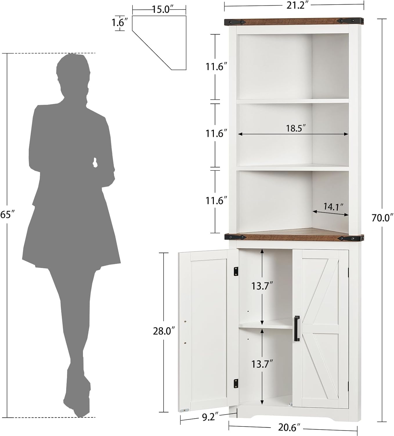 TEENFON Farmhouse Corner Cabinet, 70" H Tall Corner Hutch with 5 Shelves & 2 Barn Doors, Bathroom Cabinet with Adjustable Shelf, for Living Room, Kitchen, Bathroom, White