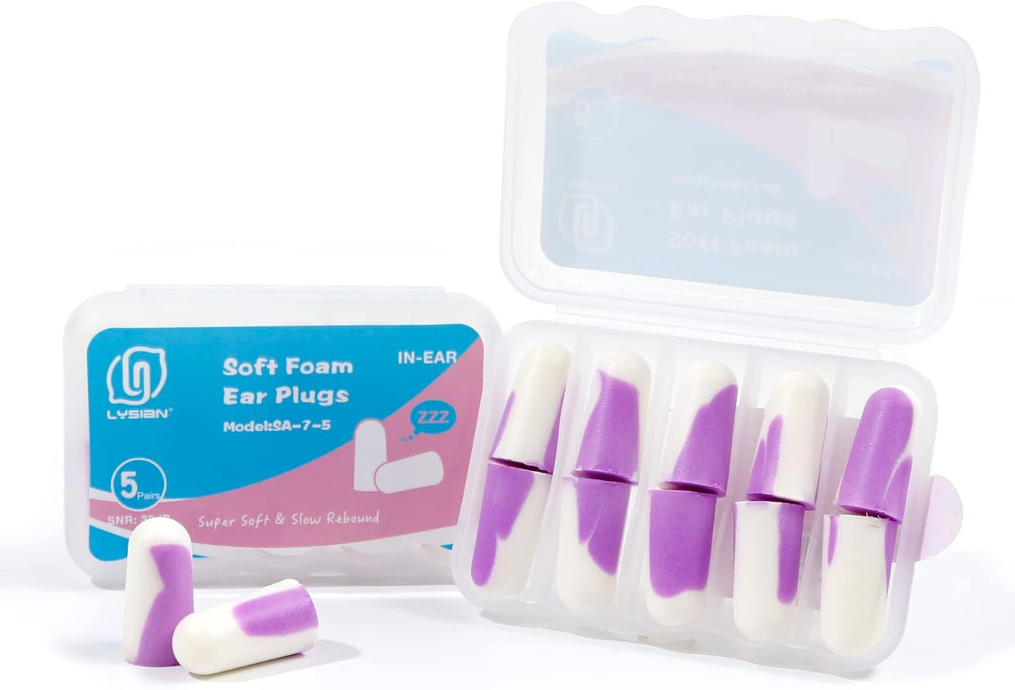 LYSIAN Ultra Soft Foam Earplugs Sleep-5 Pairs, 38dB Noise Cancelling Ear Plugs for Sleeping, Study, Shooting Range and Loud Sound Proof (Purple/White)