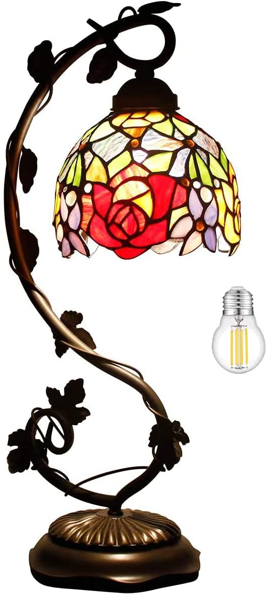 WERFACTORY Tiffany Table Lamp Red Rose Style Stained Glass Reading Desk Light with Metal Leaf Base 6X10X21 Inches Decor Small Space Bedroom Home Office S001 Series