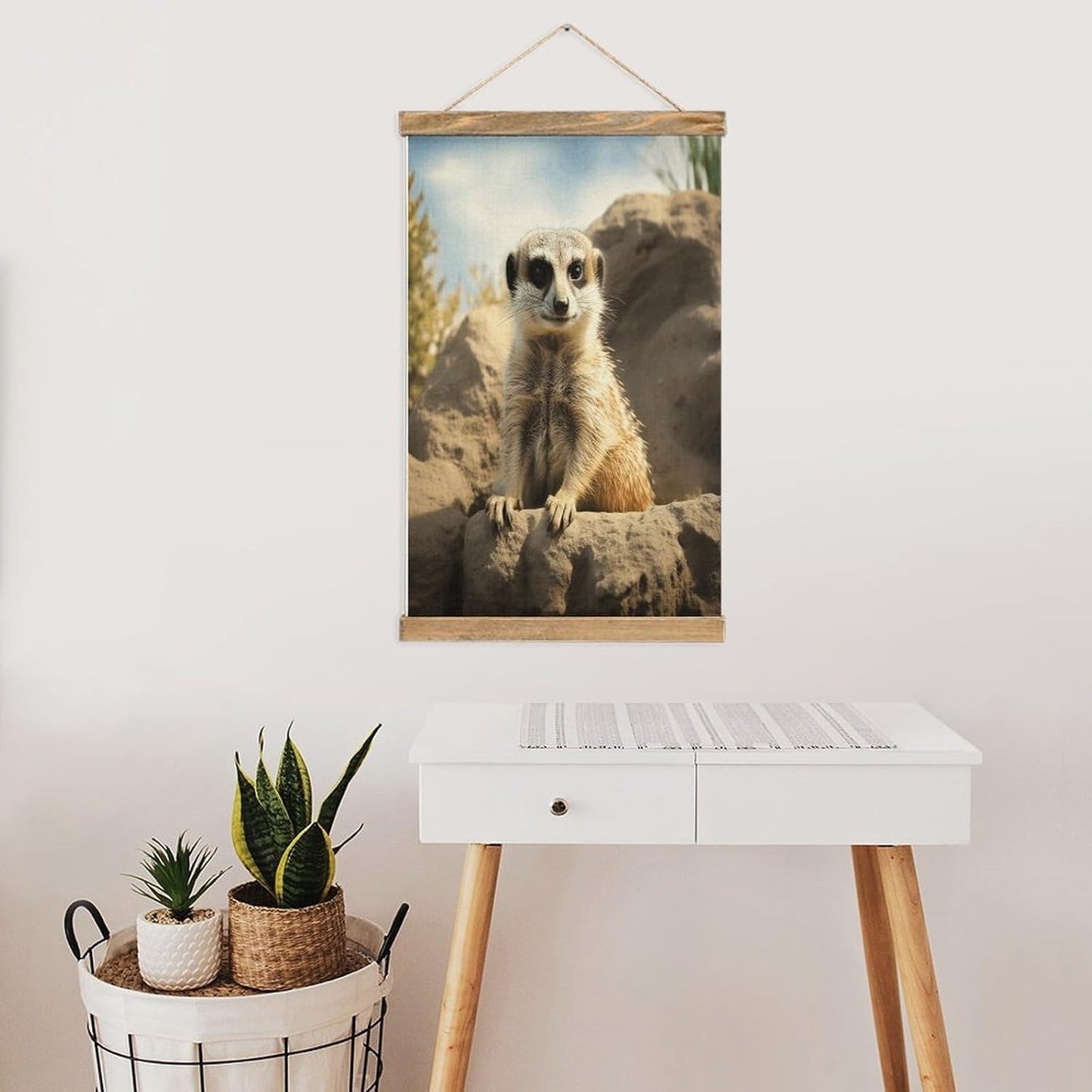 Vintage Meerkat Animal Poster with Wooden Frame Personalized Linen Hanging Scroll Painting Rustic Wall Hanging Illustrative Modern Artwork Decor for Home Living Room Bedroom Office