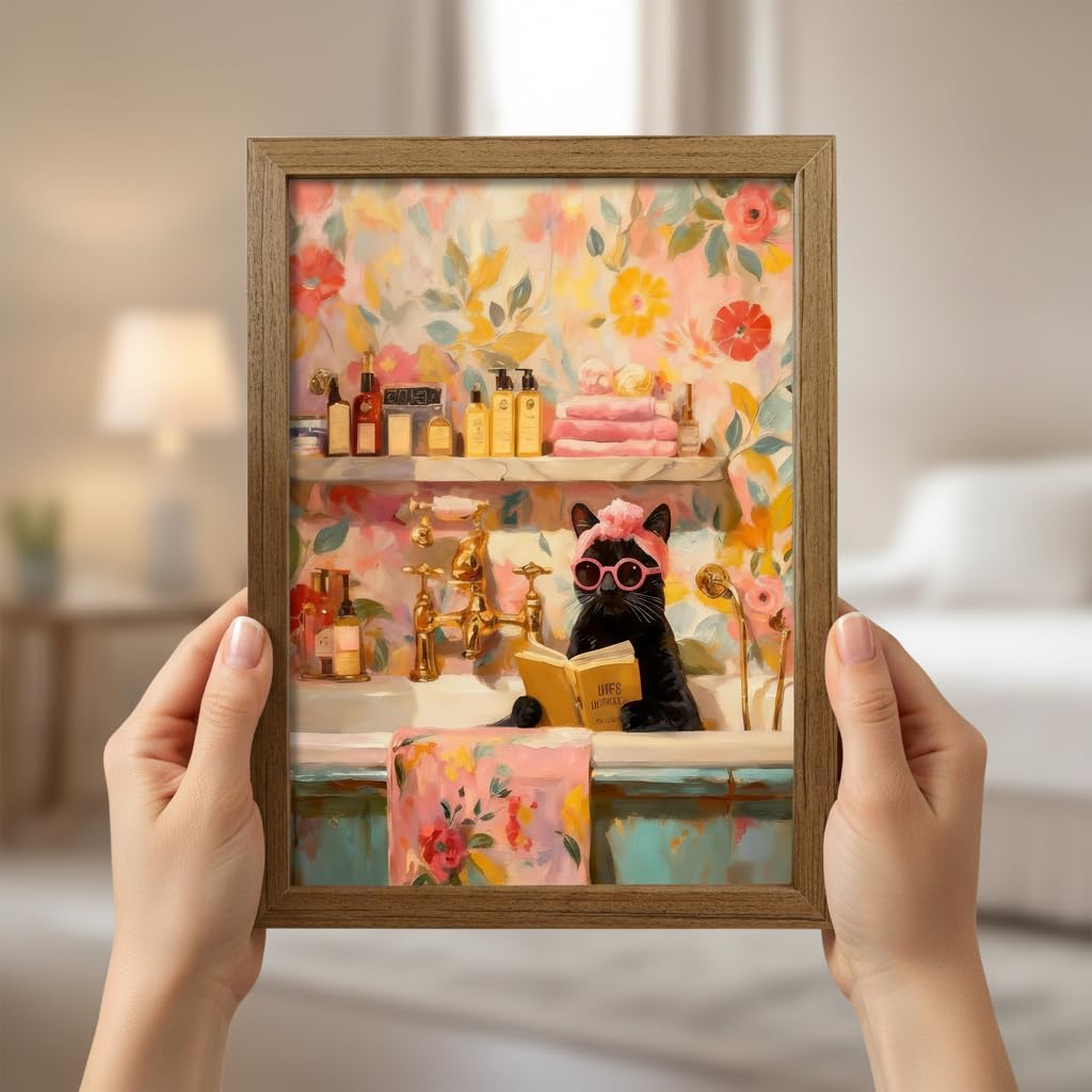 Cute Black Cat Wall Art Framed, Bathroom Cat Artwork with Flowers and Glasses, Whimsical Animal Painting Print, Aesthetic Wall Decor for Bathroom Bedroom, Ready to Hang Wood Frame, 8x10 12x16 Inch