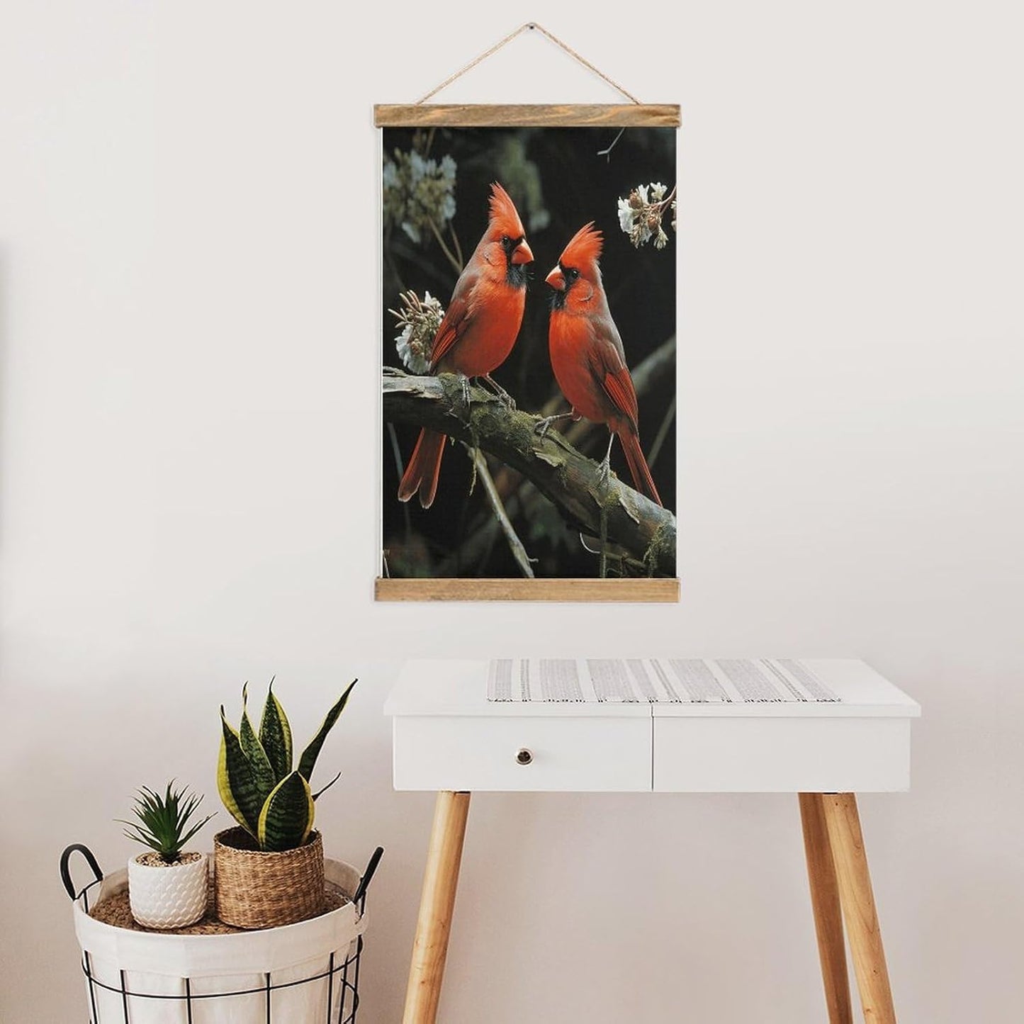 Vintage Cardinals Birds Fauna Wild Poster with Wooden Frame Personalized Linen Hanging Scroll Painting Rustic Wall Hanging Illustrative Modern Artwork Decor for Home Living Room Bedroom Office