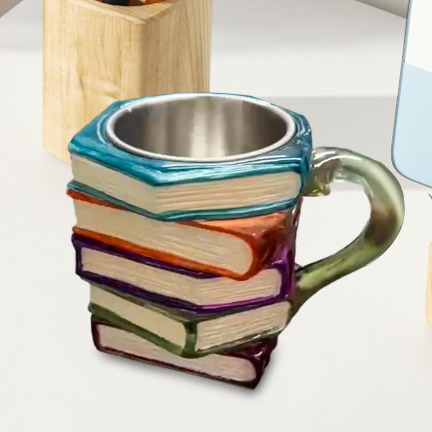 Book Mug - Painted Book Stack Cup for Readers | Novelty Resin Coffee Tea Drinking Container with Literature Inspired Design & Comfortable Handle for Home Use, Office Desk, Gift Giving