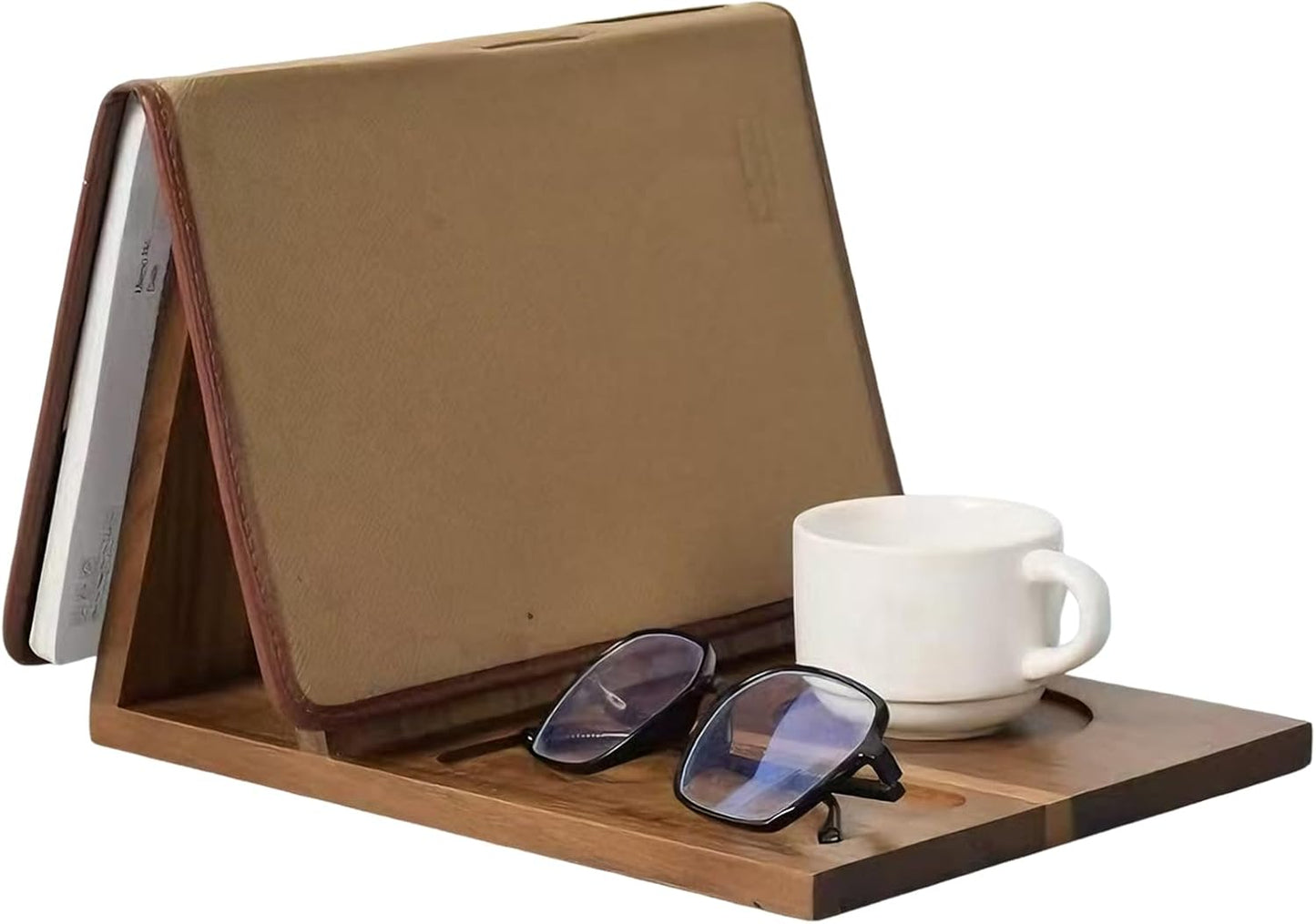 Book Rest - Wooden Triangle Book Stand with Cup and Phone Slot, Page Holder Display for Home Decor, Bedroom, Living Room, Office, School, Desk, Nightstand