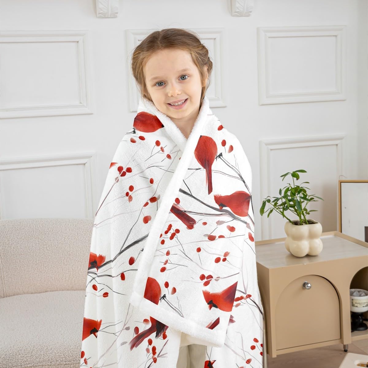 Feelyou Berries and Cardinals Pattern Printed Sherpa Throw Blanket for Couch Red Cardinal Super Soft Cozy Fleece Christmas Blanket for Winter,Plush Throw Bird Print Throw 50"x60" Animal All Season