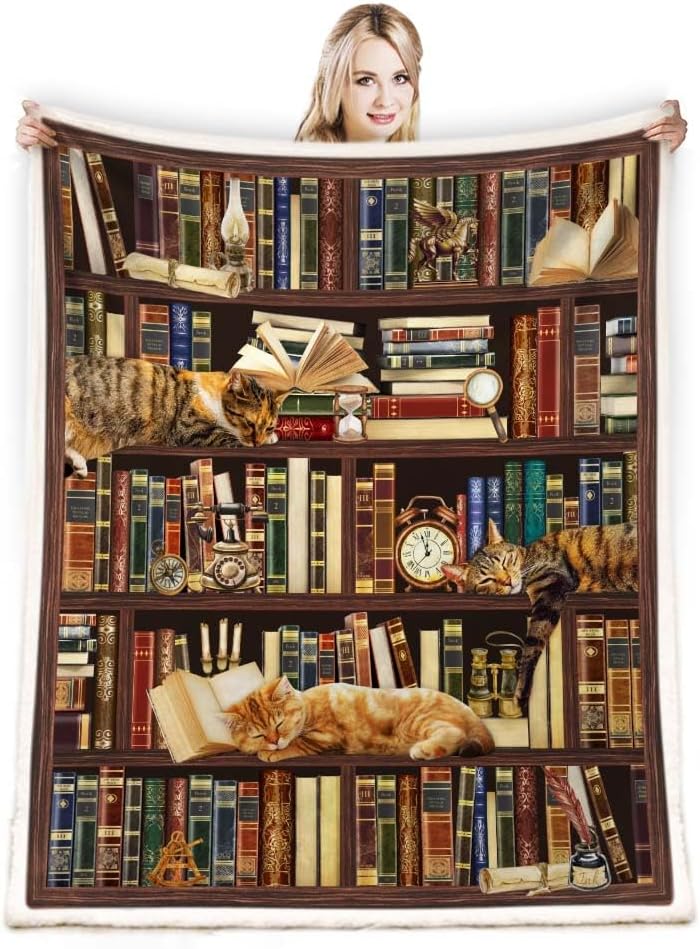 Book Lovers Gifts Reading Blanket,Gifts for Book Lovers Women,Librarian Gifts Throw Blanket,Literary Gifts Ideas,Best Bookworm Gifts,Best Gifts for Bookworm,Cat Soft Throw Blanket 50"x60"