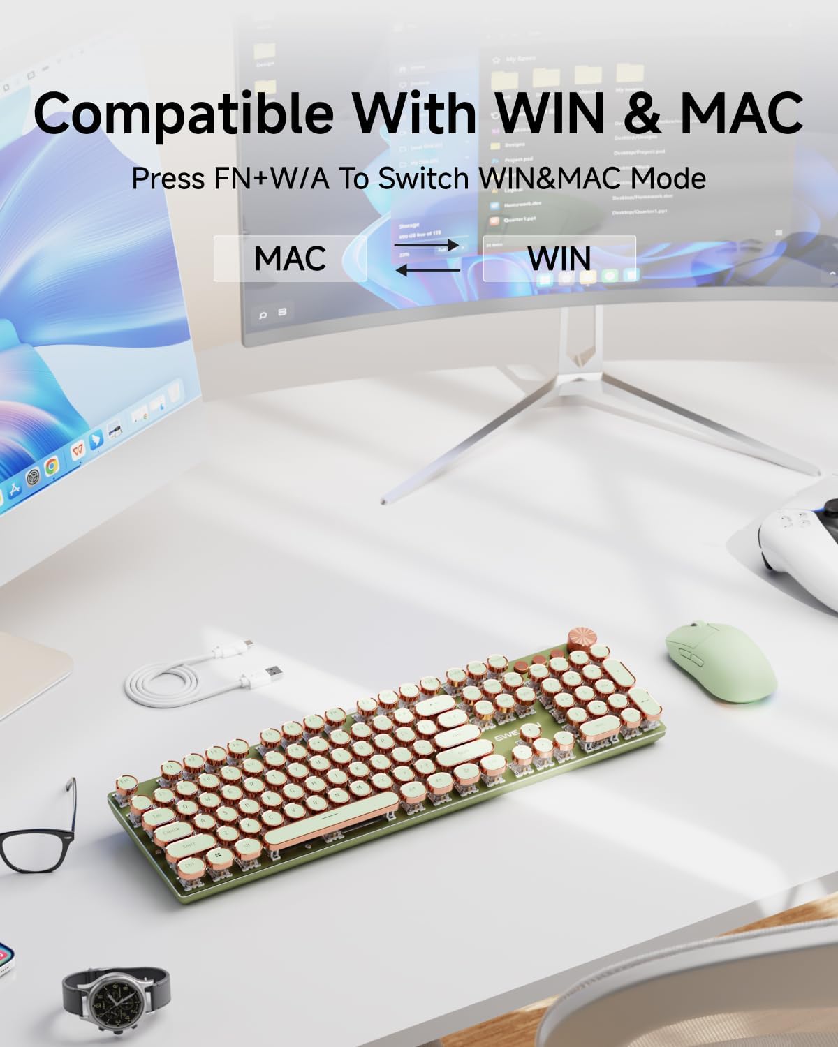 EWEADN Typewriter Style Mechanical Keyboard, Wired Typewriter Keyboards,104 Keys Backlit LED Metal Keyboards, Media Control Knob, Wired Computer Keyboard Pink Switch for Windows/Mac/PC-Green