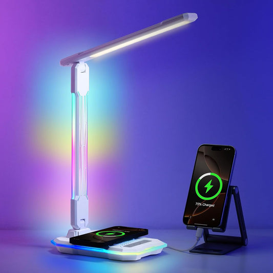 WILIT Desk Lamp for College Dorm Room, RGB Gaming Desk Light with Wireless Charging & USB Port, Gamer lamp Sound Reactive,3 Color Modes 5 Brightness,Reading Lamp Touch Control for Home Office,Study