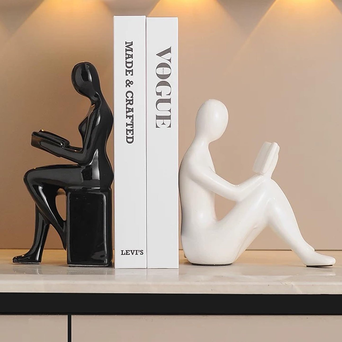 Decorative Bookends, Ceramic Book Ends for Shelves, Home Office Decor Aesthetic Book Stopper Reading Book Holders Statues for Bookshelf Bedroom Living Room Decoration (White and Black)