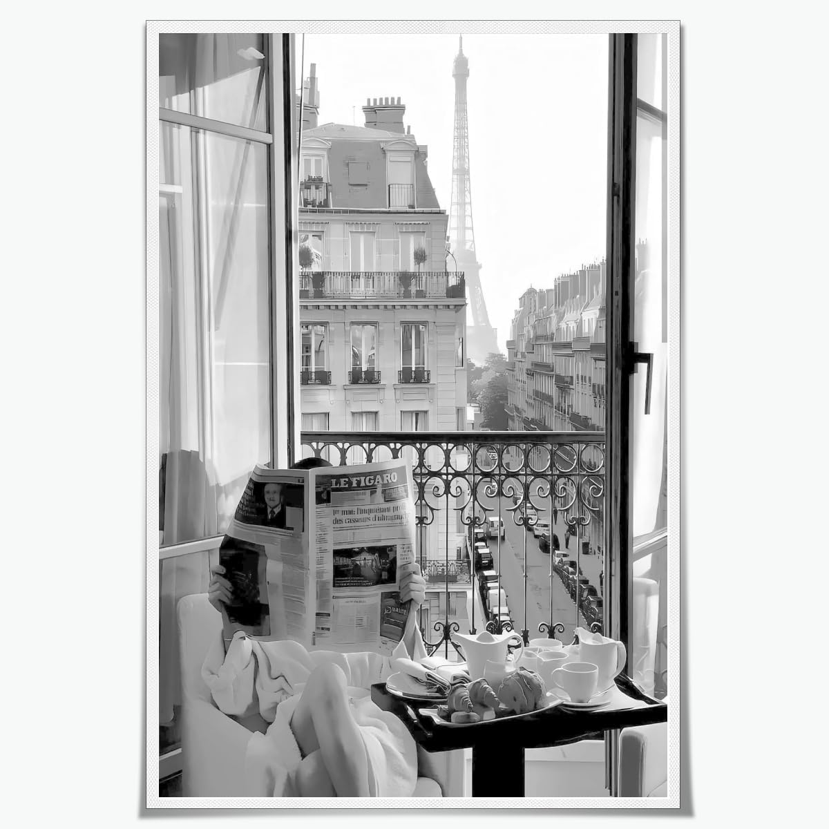 Parisian Vintage Girl Reading Newspaper Poster Black and White Fashion Wall Art Canvas Prints Painting Posters For Aesthetic Kitchen Home Bedroom Dorm Apartment Wall-8x12inch Unframed