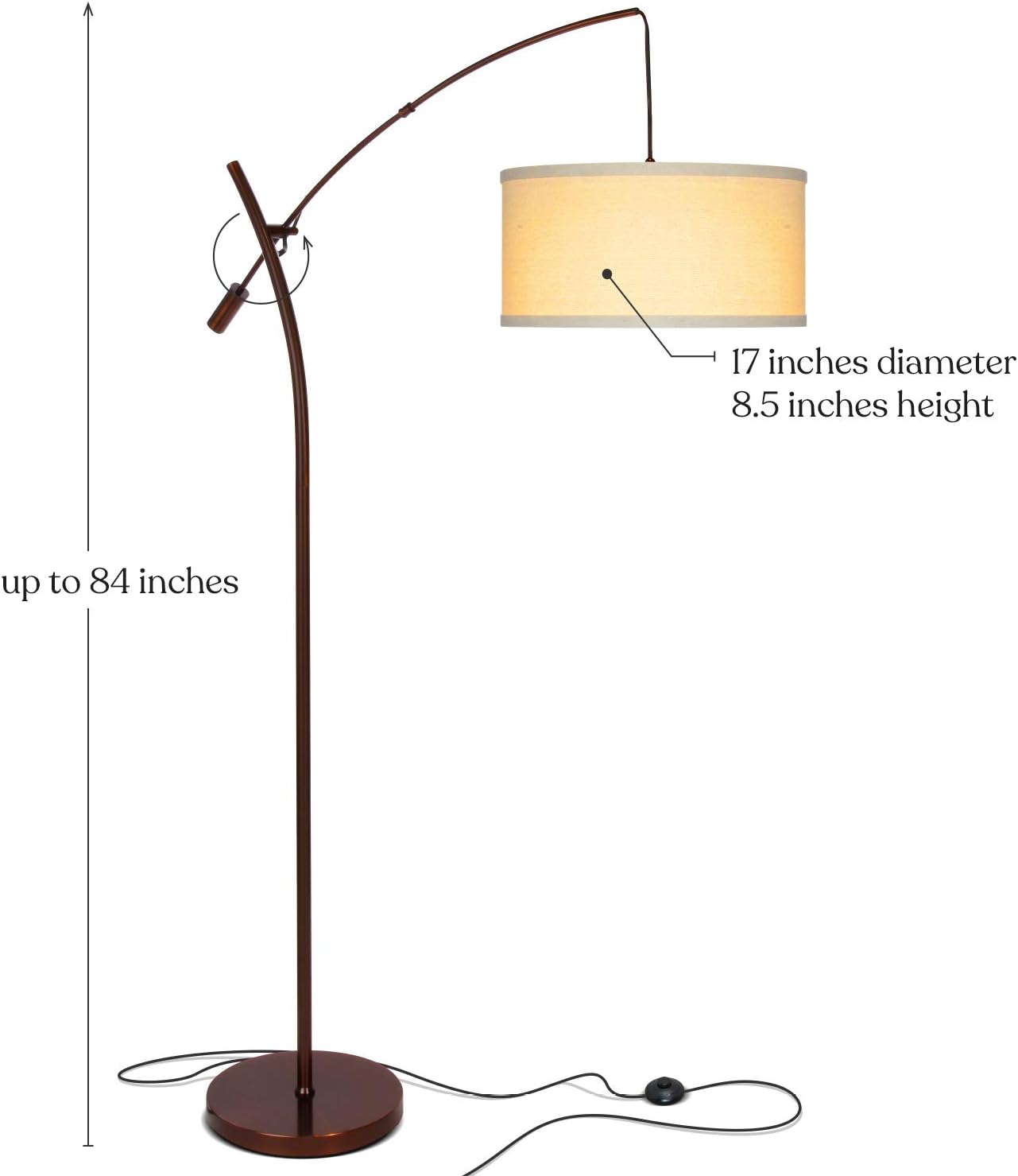 Brightech Grayson LED Floor Lamp, Modern Arc Lamp with Linen Shade for Office & Living Room, Tall, Height Adjustable Industrial Standing Lamp for Bedroom Reading, Over The Sofa - Bronze