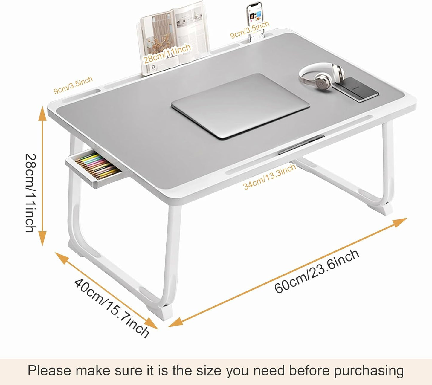 Laptop Desk for Bed, Laptop Bed Tray Table, Foldable Lap Tablet Table with Storage Drawer and Bookstand, Lap Desks Bed Trays for Sofa Couch Floor (Grey)