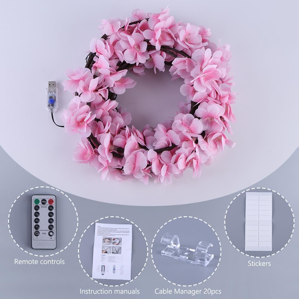 LED Tree Branch Lights for Wall 5.25FT 72LEDs Cherry Blossom Lights with Remote and 8 Lighting Modes Cherry Blossom Garland Willow Vine Light for Bedroom Indoor Wall Wedding Christmas Decor
