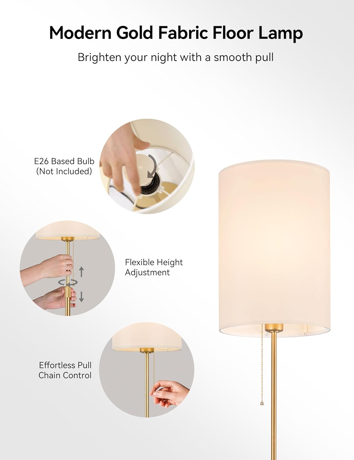 Tubicen 61" Gold Floor Lamp with Pull Chain 360° Full Beam Tall Standing Pole Lamps Adjustable Height Small Fabric Shade Base Dimmable Modern Slim Corner Floor Lamps for Living Room Bedroom Office
