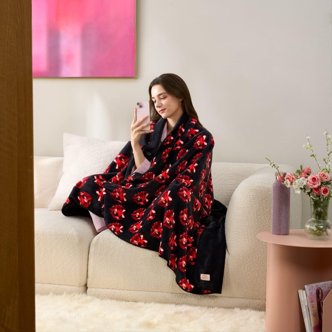 Paris Hilton Plush Throw Blanket for Couch Room Decor - Home Decor Cozy Cute Warm Blankets for Bed Home Sofa Living Room Decor - Gifts for Teen Girls & Women, 50x70 (Black/Red)