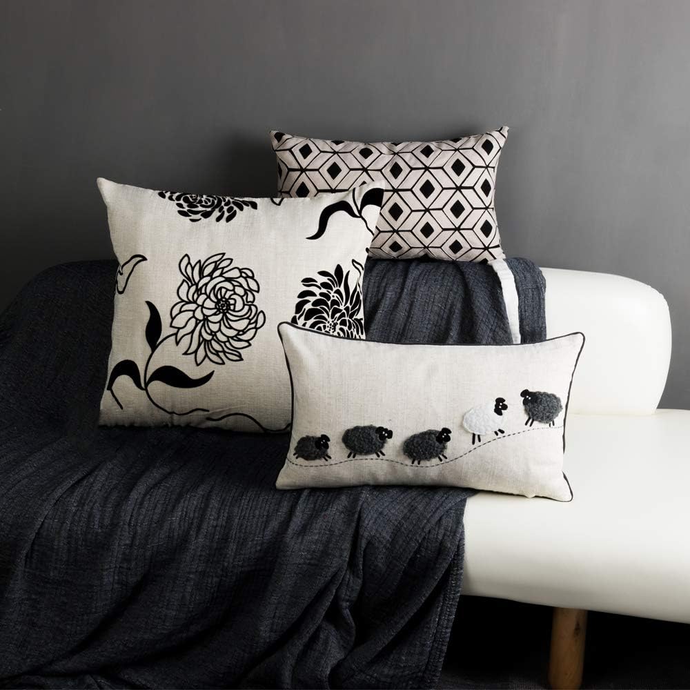JWH Sheeps Pillow Cover Decorative Animal Embroidery Accent Pillow Case Lumbar Cushion Cotton Pillowcase for Sofa Couch Bed Living Room 12x20 Inch White and Gray
