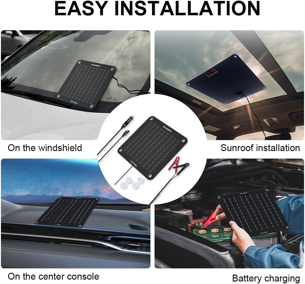 ECO-WORTHY 10W Solar Car Battery Charger Maintainer 12V Waterproof Portable Solar Trickle Charger for Car Truck Boat Lawn Mower RV Trailer Tractor ATV Utility Vehicle Battery