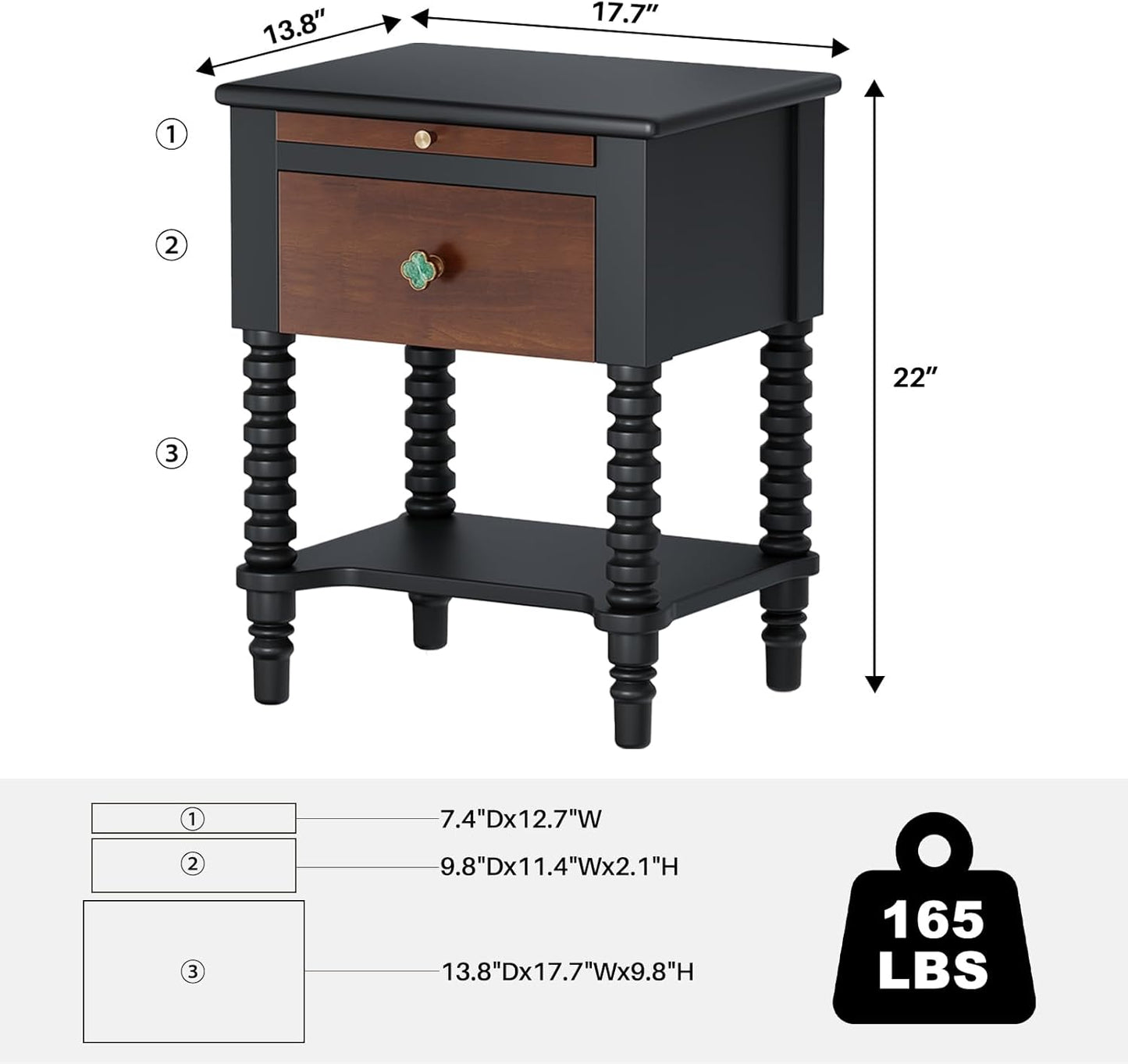 Wooden Mid Century Modern Nightstand Bedside Table with Drawers, Vintage Solid Wood End Side Table for Bedroom Living Room, Black-Walnut