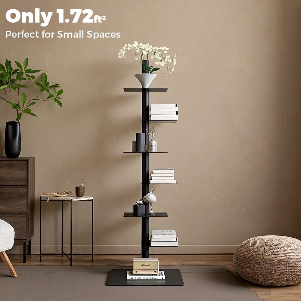 Nidouillet 6 Tier Tall Narrow Metal Bookshelf, Vertical Tower Bookcase with Adjustable Shelves, Space Saving Corner Book Shelf Storage Display Rack, Tool Free Assembly
