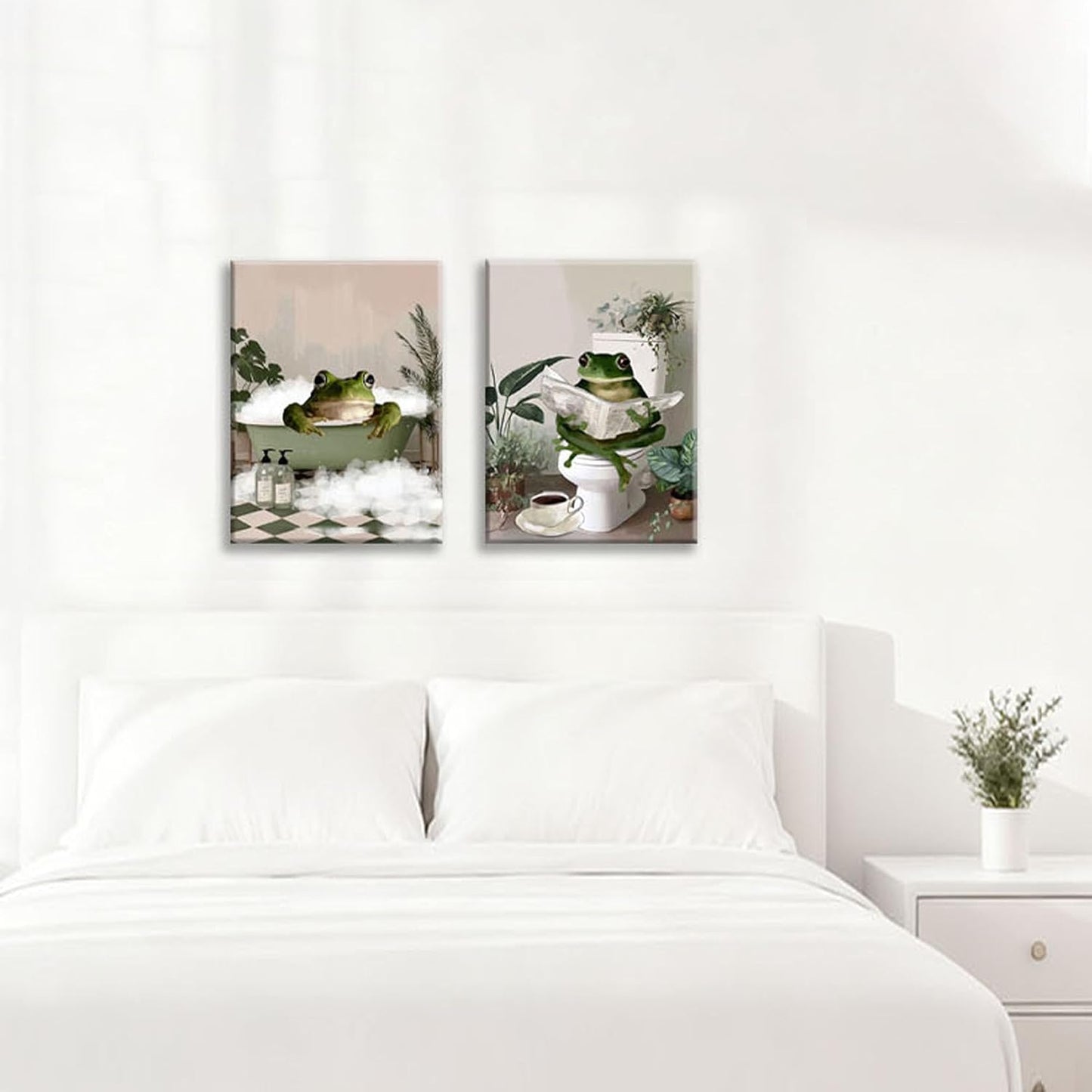 Frimeeme Set of 2 Funny Frog Bathroom Canvas Wall Art, Funky Frog in Bath Wall Decor，Green Bathroom Canvas Prints Decor Pictures Aesthetic Framed,12x16 inches