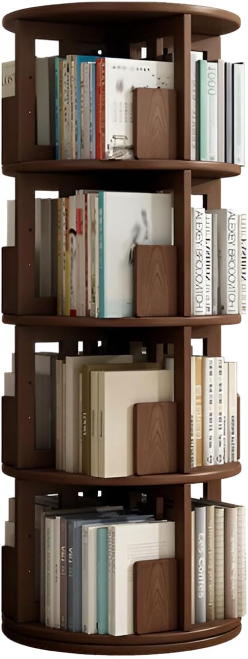 AIZYR Solid Wood Rotating Bookshelf 4 Tier Floor Standing Bookcase, Spinning Book Shelf Display Wood Narrow Storage Rack for Small Space Study Office