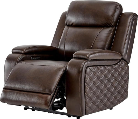 Power Recliner Chair with Hidden Storage, Brown Leather Electric Reclining Sofa for Living Room, Heavy Duty Motorized Armchair Home Theater Seating with USB Port for Adults
