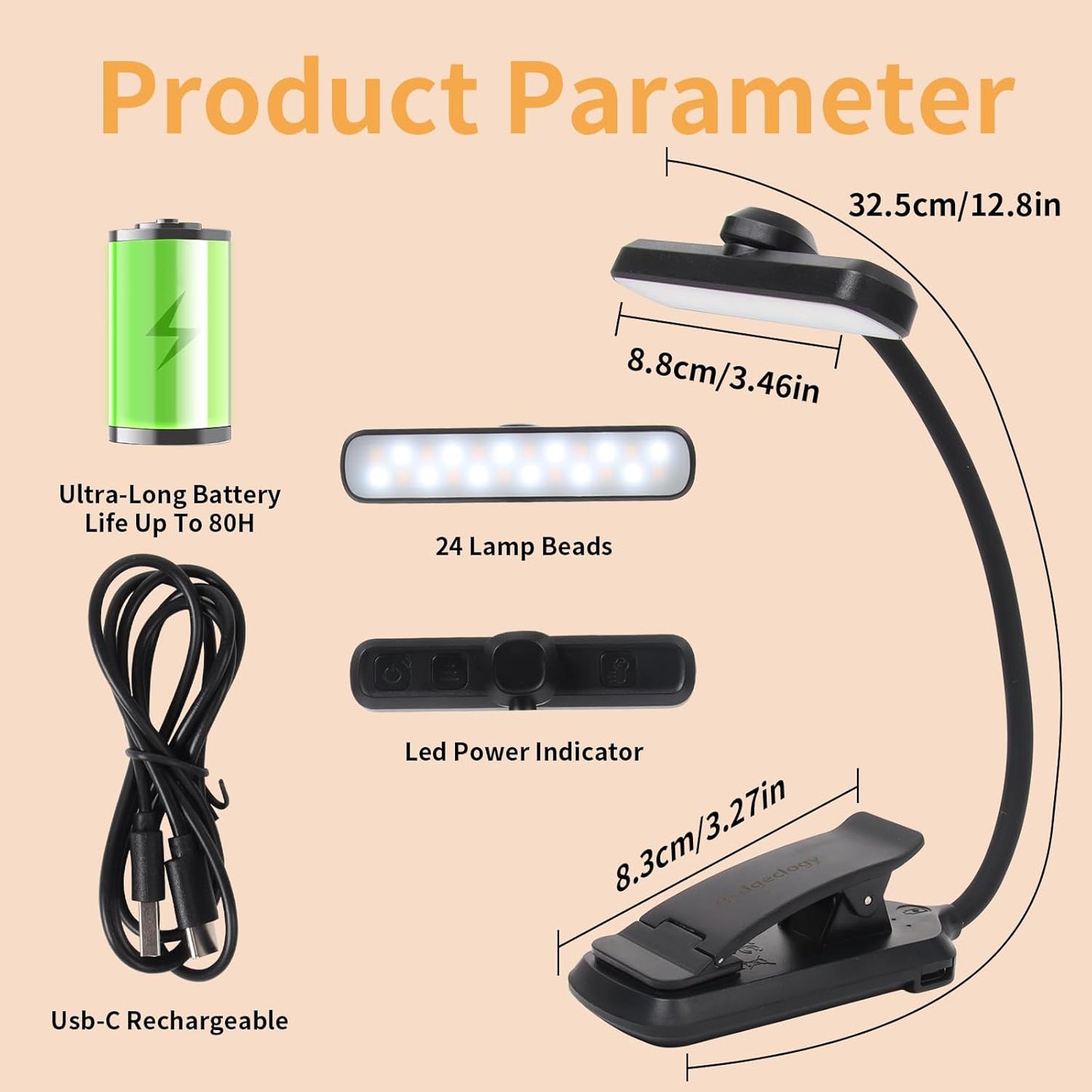 24 Led Rechargeable Book Light for Reading in Bed-Eye Caring 3 Color Temperatures,80 Hrs Runtime Lightweight Clip-On Lamp, Perfect for Kids, Book Lovers, and Student Gifts(Black, Rotating)