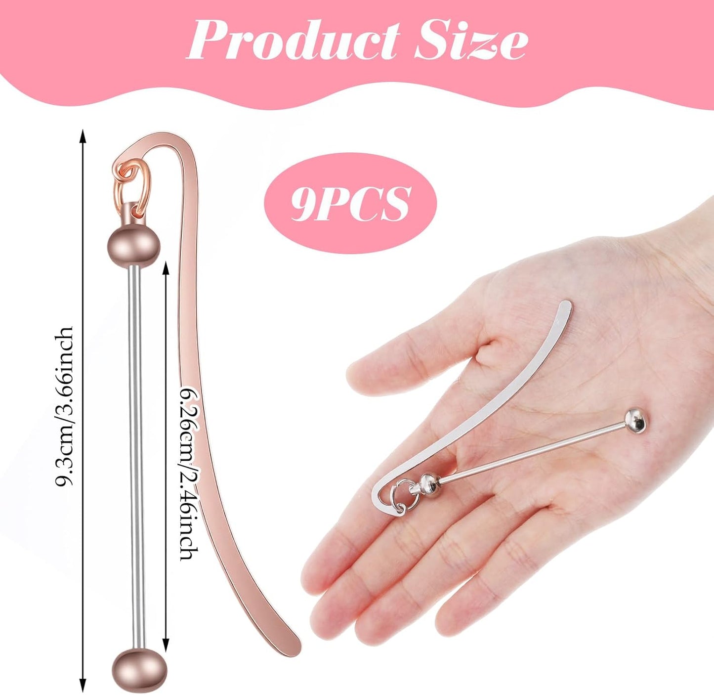 9 Pack Beadable Metal Bookmark, DIY Metal Blank Bar Bookmark, Custom Bookmarks for Beads Jewelry Pendants Charms Beading Marks Craft Book Lovers Office Supplies (Silver, Gold, Rose Gold)
