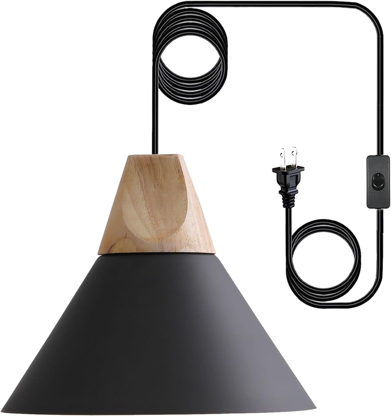 Modern Plug in Pendant Light,Haning Light with 16.4ft Cord, On/Off Switch,Hanging Light with Plug in,Solid Wood,Matte Black