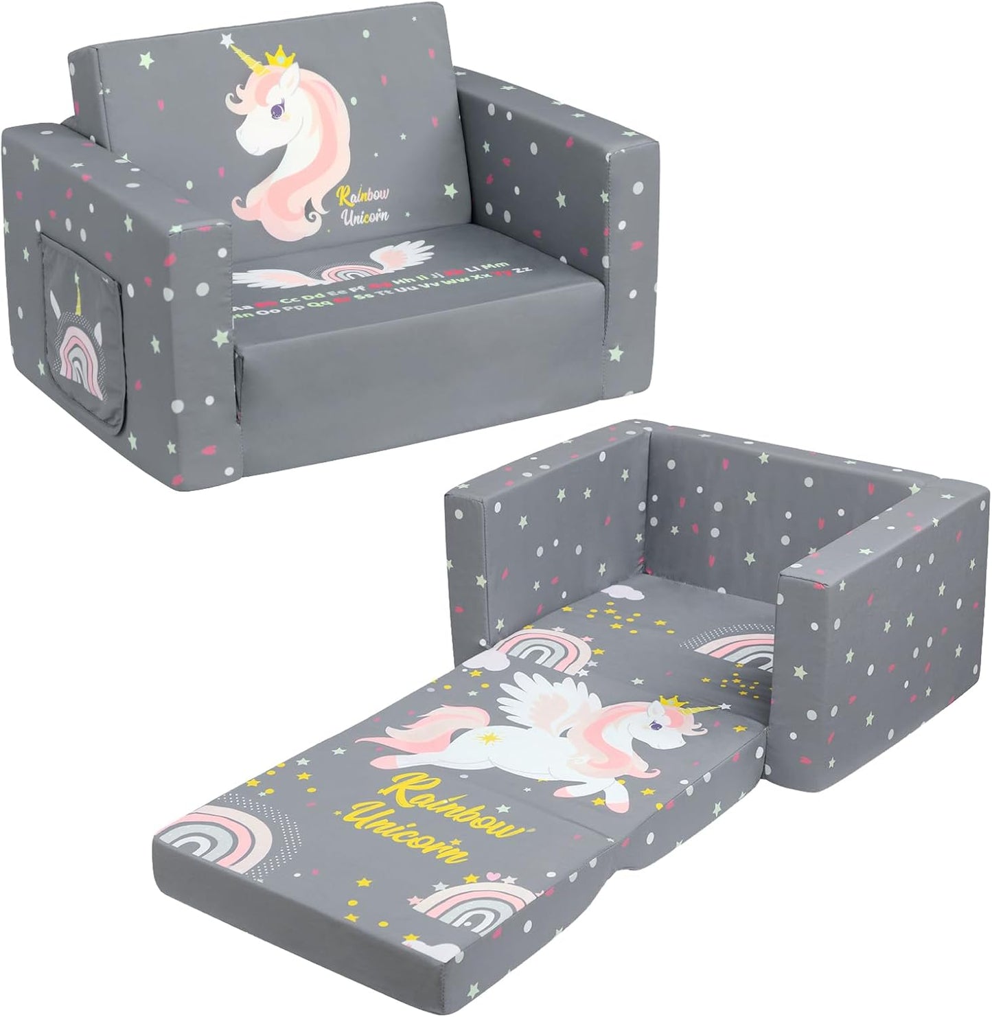 ALIMORDEN 2-in-1 Flip Out Comfy Toddler Couch, Lovely Kids Chair Convertible Sofa to Lounger for Story/Nap Time, Grey Unicorn