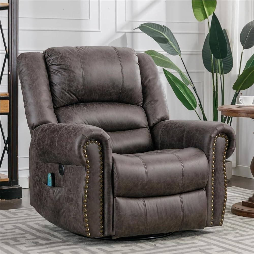 Power Recliner with Heat and Massage – Swivel Rocking Recliner Chair, USB Charging Ports, Side Storage Pockets, Manual Recline Option for Living Room, Home Theater, Office