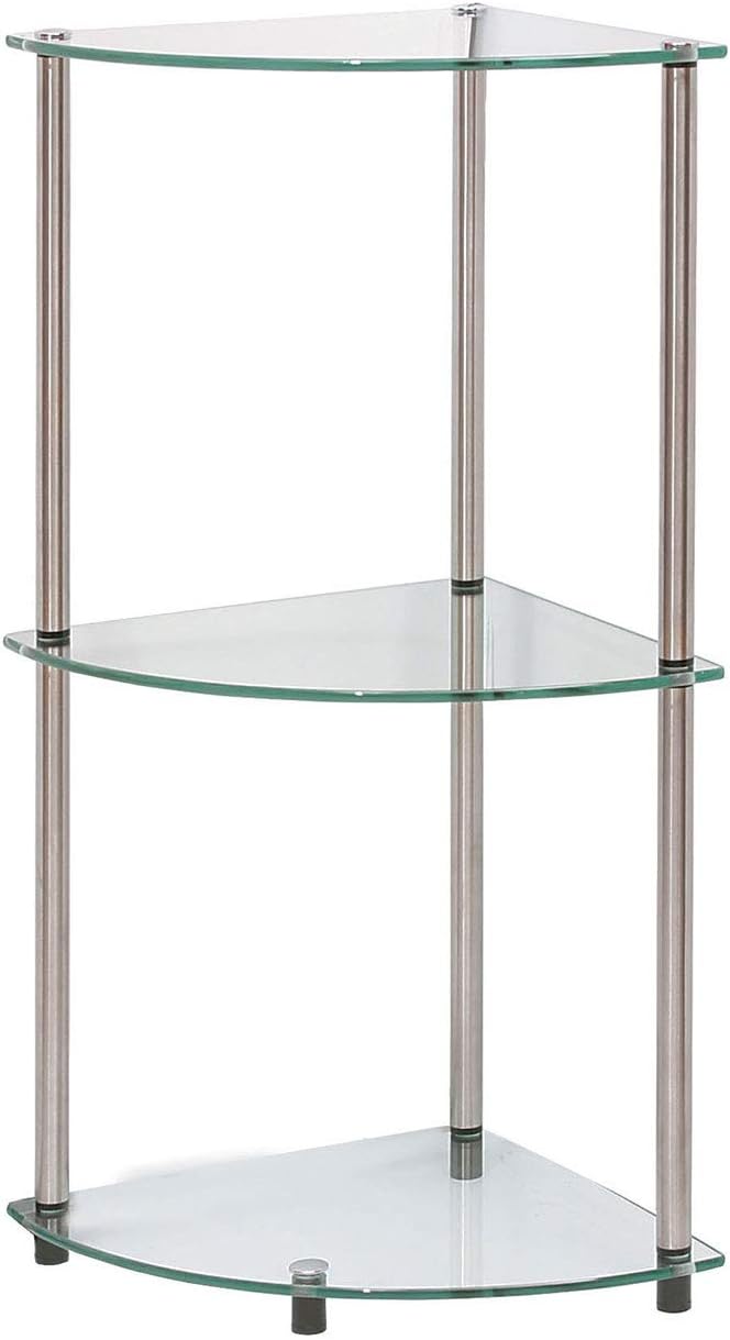Convenience Concepts Designs2Go Classic Glass 3-Tier Corner Shelf 13.75" - Modern Media Bookshelf with Storage Shelves for Living Room, Display Storage Shelves for Family Room, Bathroom, Office, Glass/Chrome