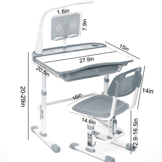 Yinleader Kids Desk and Chair Set,Height Adjustable,Spacious Storage Drawer,with Adjustable Tilted Desktop, Bookstand, Touch Led Lamp for School Student (Gray Set)