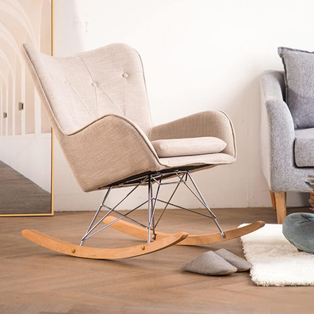 LSLYTQ Mid-Century Fabric Rocking Chair, Solid Wood Loung Rest Chair, Lazy Backrest Chair, Comfortable Rocking Armchair, Solid Hardwood Metal Base