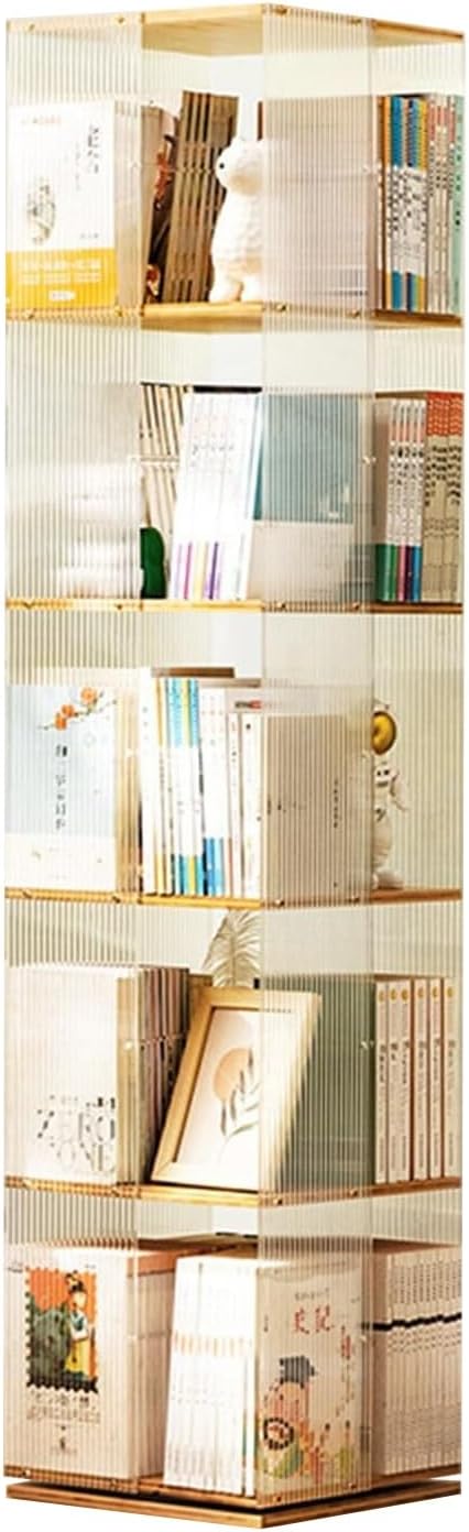 360° Rotating Bookcase - Clear Acrylic & Bamboo, 5-Tier Freestanding Storage Shelves for Living Room, Bedroom & Study - Stylish Striped Design, Space-Saving Organizer