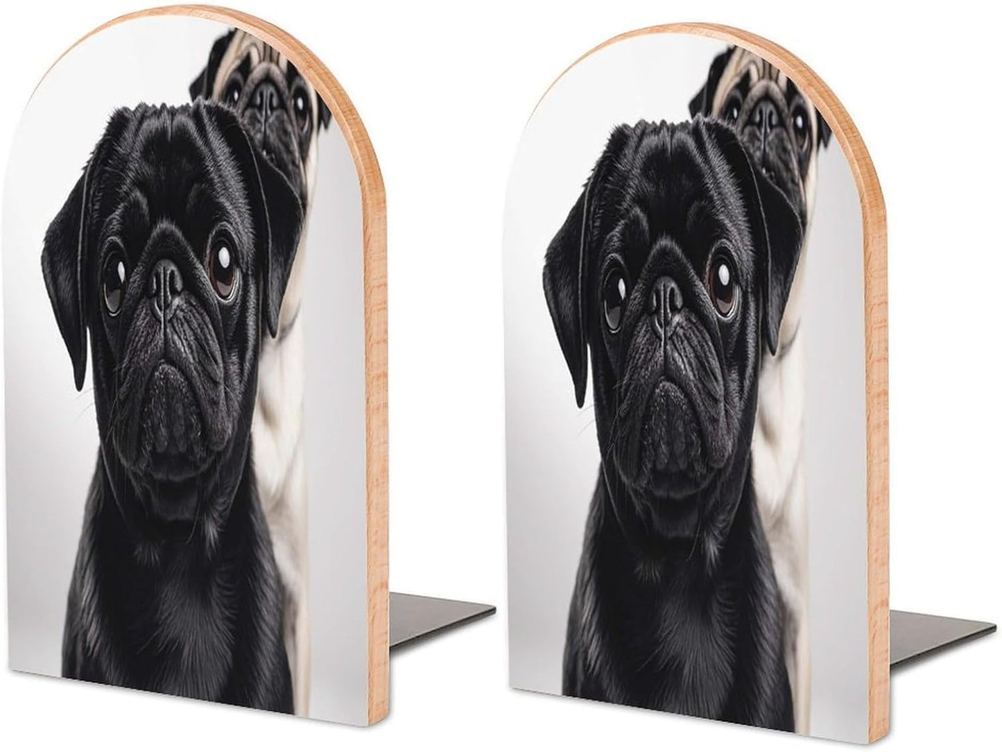 Cute Black Pug Dog Bookends Wooden Book Ends for Shelves Big Sturdy Book Holders Stoppers with Metal Base for Shelves Heavy Duty Book End Office Book Stopper