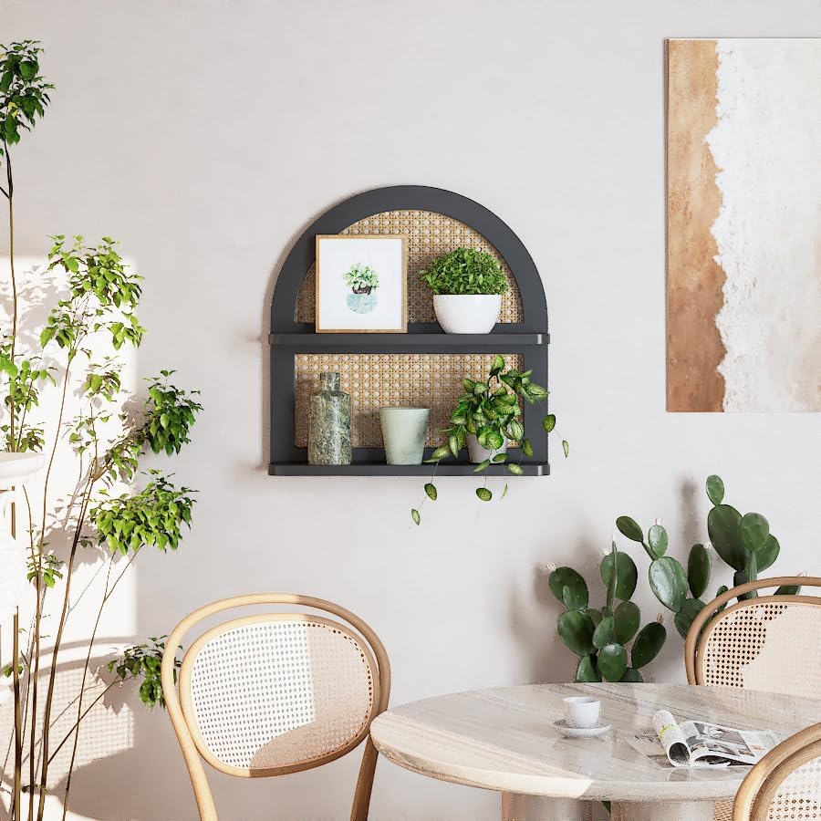 Wood Boho Rattan Wall Shelf - 2-Tier Arched Wicker Floating Shelf Black Wood New Boho Shelf, Rustic Farmhouse Nursery Decor Shelves Wall Mounted, Neutral Handcrafted (16''l Natural Rattan Shelf)