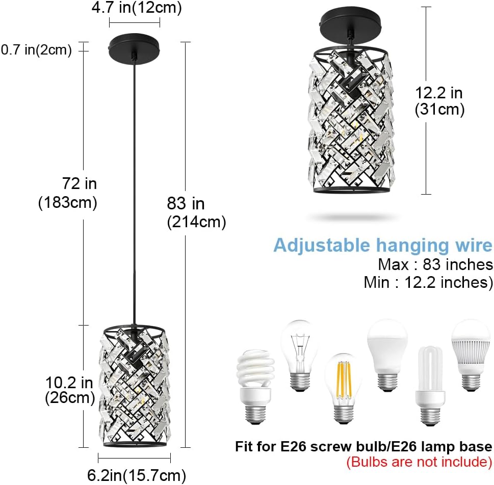 Black Pendant Lights Kitchen Island, Mini Crystal Modern Kitchen Pendant Lighting Over Sink with 10.2" Clear Glass Shade Chandeliers, Adjustable Pendant Light Fixture for Dinning Room Bedroom Entryway