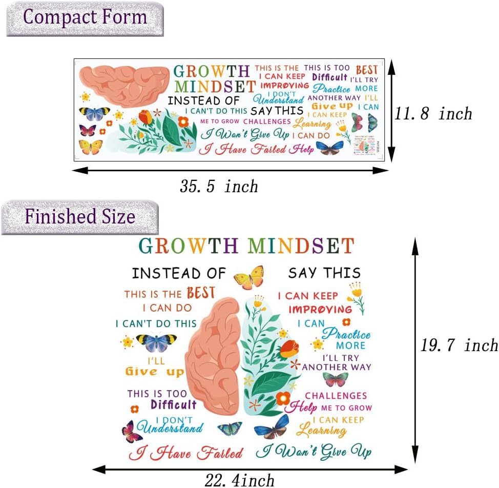 Classroom Growth Mindset Brain Wall Decal Posters Positive Peel and Stick Vinyl Wall Decor Removable Positive Wall Stickers Quotes Saying Wall Art for Teacher Student Classroom Playroom Decor